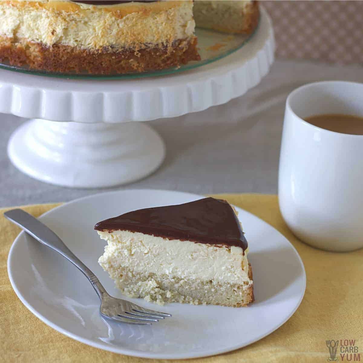 slice of boston cream pie cheesecake on plate